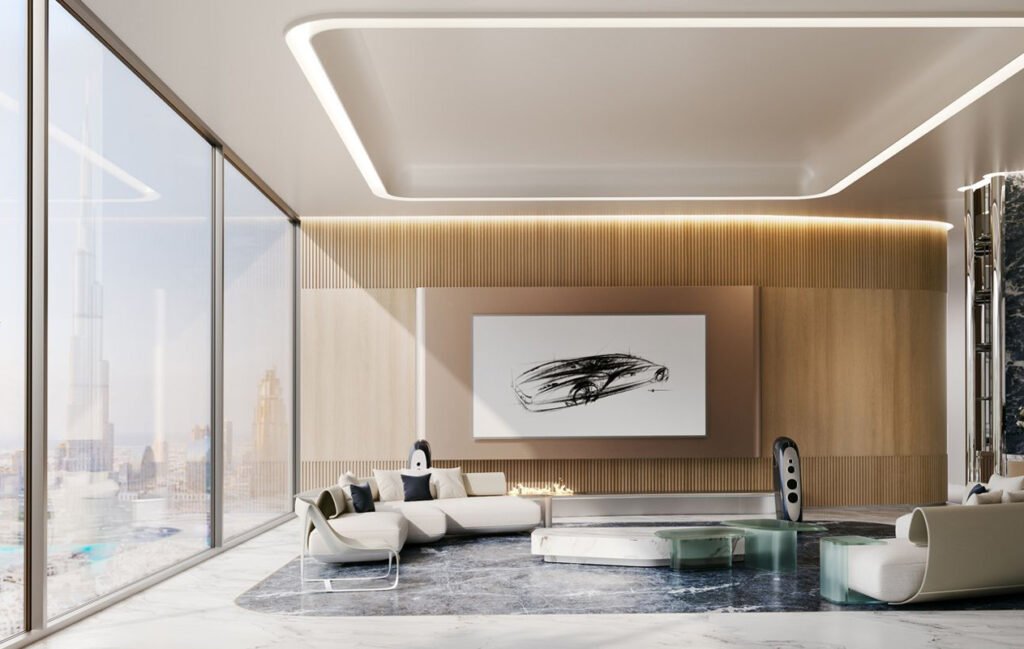 Spacious lounge of a luxury apartment in Dubai at Bugatti Residences.