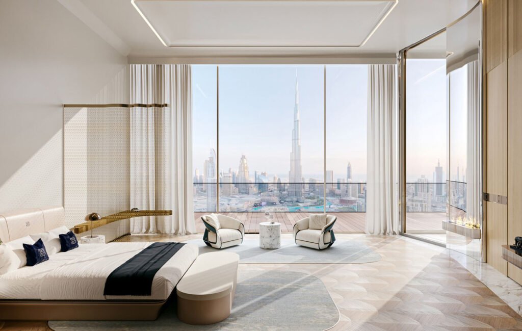 Stunning bedroom of Buggati Residences luxury apartment in Dubai in Business Bay.